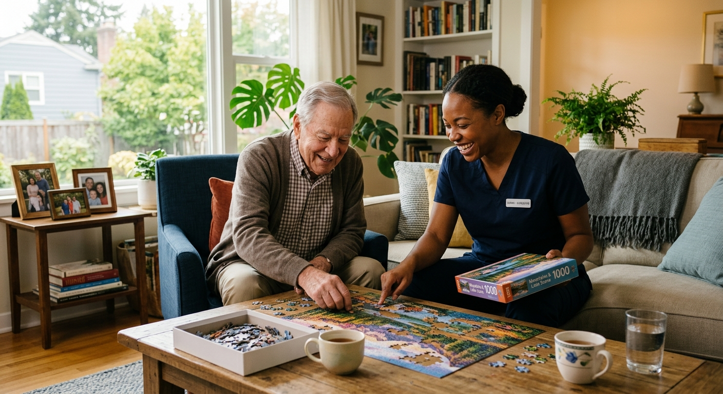 Caregiver and elderly man enjoying games and activities as part of companion care service in USA home.