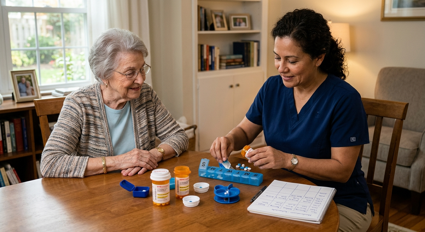 Caregiver organizing medication and pill box for elderly client in USA home care setting.
