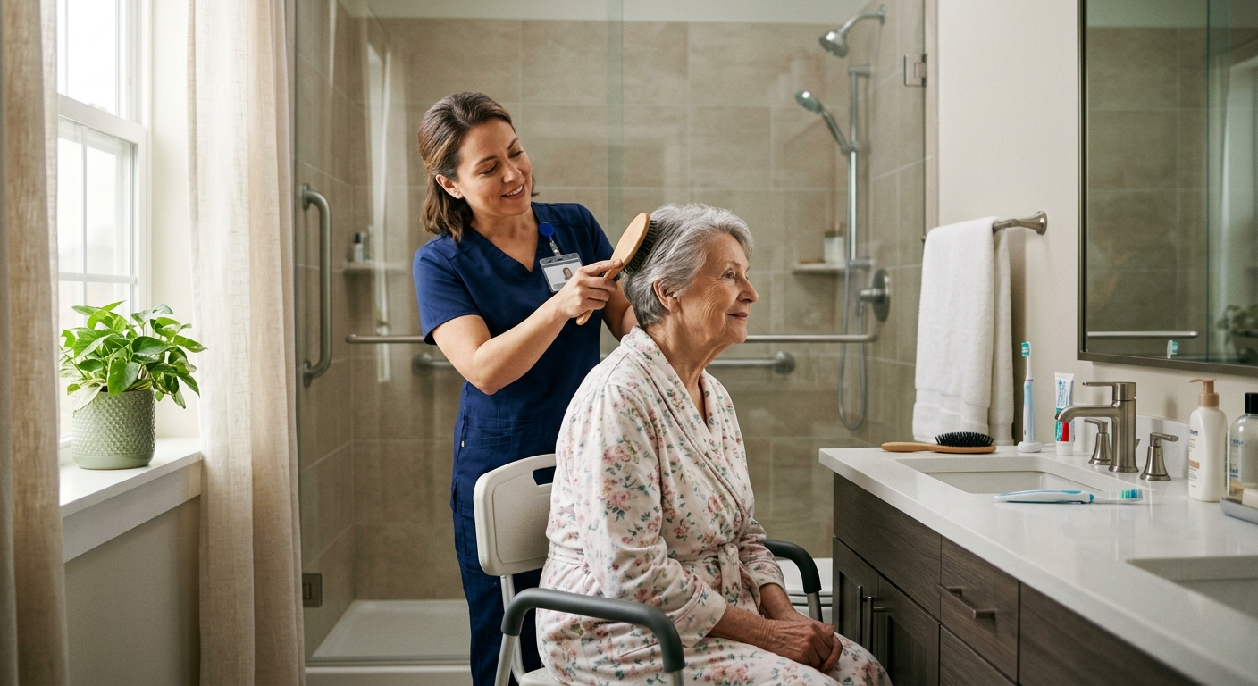 Caregiver assisting elderly woman with personal care in a safe and comfortable USA home setting.