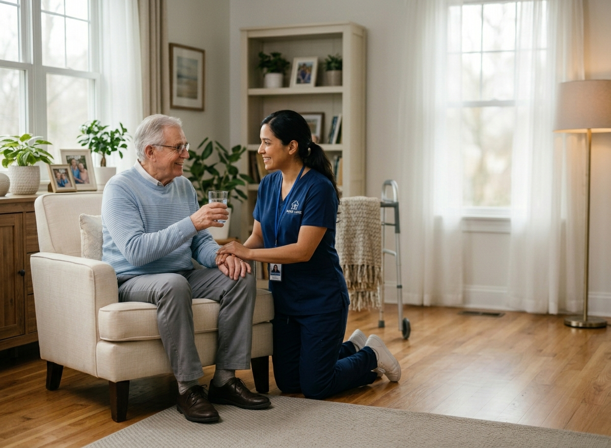Professional caregiver providing compassionate and high-quality home care services to elderly client – DMV Affordable Care USA