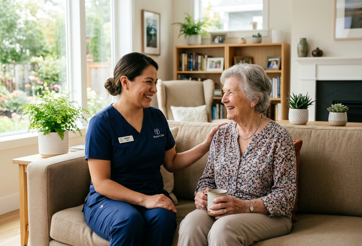 Centered caregiver and elderly client in home care setting – DMV Affordable Care USA